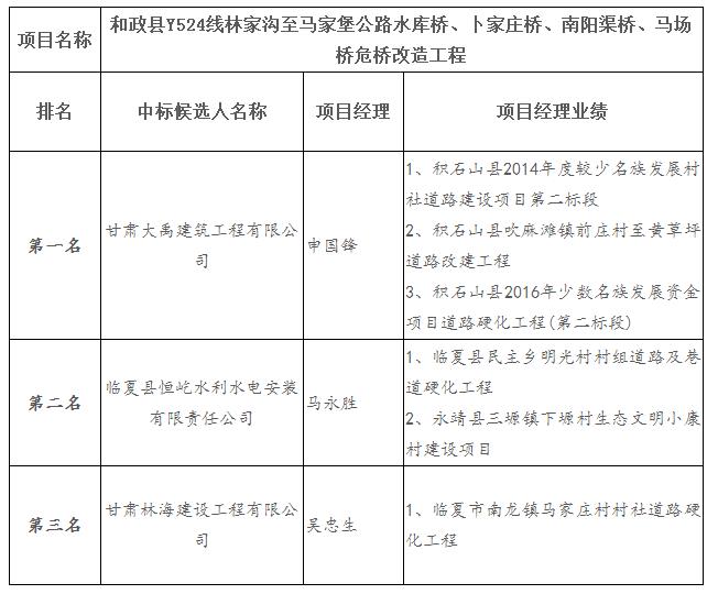 中標候選人項目經(jīng)理業(yè)績